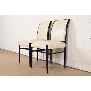 Baker Furniture Style Mid-Century Hollywood Regency Ebonized Faux Bamboo Side Chairs or Dining Chairs, Pair