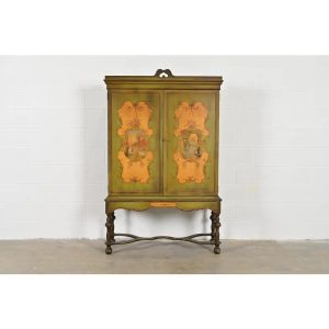 Berkey & Gay Antique Venetian Hand Painted Bookcase or Bar Cabinet, Circa 1920s