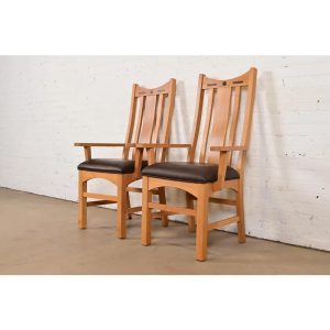 Charles Rennie Mackintosh Style Arts & Crafts Inlaid Oak High Back Armchairs, Pair