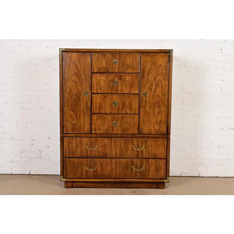 Drexel Heritage Hollywood Regency Campaign Walnut Gentleman's Chest or Armoire Dresser