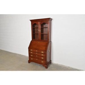 Henkel Harris Georgian Solid Cherry Wood Drop Front Secretary Desk With Bookcase Hutch, 1970s