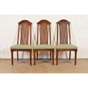 Henredon Style Mid-Century Hollywood Regency Carved Oak and Cane Bamboo Form High Back Side Chairs or Dining Chairs, Set of Three