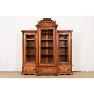 Herter Brothers Style Antique Eastlake Victorian Carved Oak Triple Bookcase Cabinet, Circa 1880s