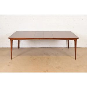 John Van Koert for Drexel Mid-Century Modern Sculpted Walnut Extension Dining Table, Newly Refinished