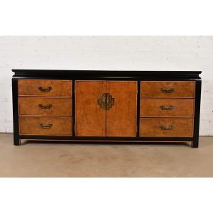 Raymond Sobota for Century Furniture Hollywood Regency Chinoiserie Burl Wood and Black Lacquered Triple Dresser or Credenza, 1970s