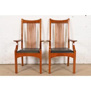 Stickley Mission Arts & Crafts Cherry Wood High Back Spindle Armchairs, Pair