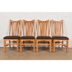 Stickley Style Mission Oak Arts & Crafts High Back Dining Chairs, Set of Four
