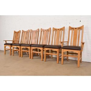 Stickley Style Mission Oak Arts & Crafts High Back Dining Chairs, Set of Six