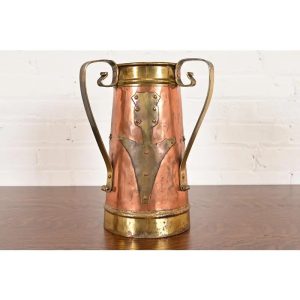 Antique Stickley Brothers Arts & Crafts Three-Handled Large Copper and Brass Vase