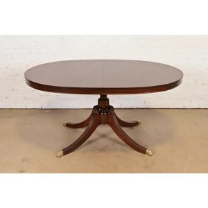 Baker Furniture Style Georgian Carved Mahogany Pedestal Extension Dining Table, Newly Refinished
