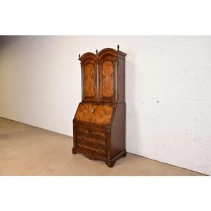 Baker Furniture Style Georgian Carved Walnut and Burl Wood Bureau With Drop Front Secretary Desk