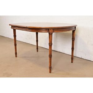 Baker Furniture Style Mid-Century Hollywood Regency Faux Bamboo Carved Walnut Extension Dining Table, Circa 1970s