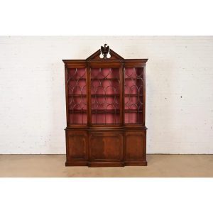 Charak Furniture Georgian Flame Mahogany Breakfront Bookcase Cabinet With Carved Eagle Finial, 1940s