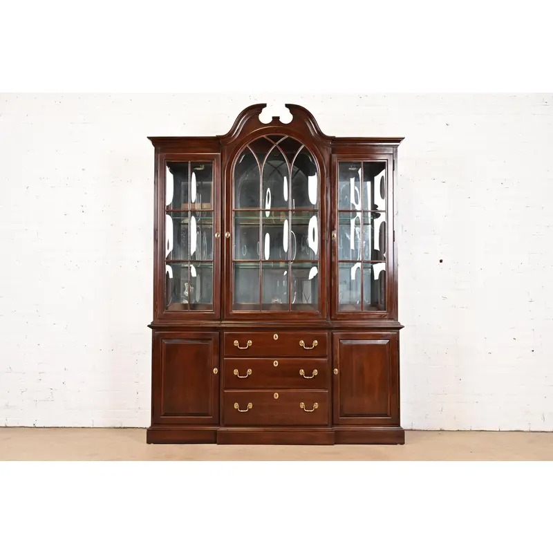 Ethan Allen Georgian Solid Cherry Wood Breakfront Bookcase Cabinet