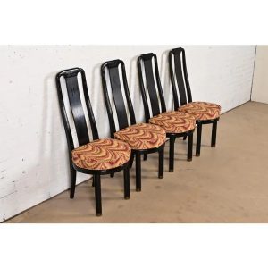 Henredon Hollywood Regency Chinoiserie Ebonized Walnut High Back Dining Chairs, Set of Four