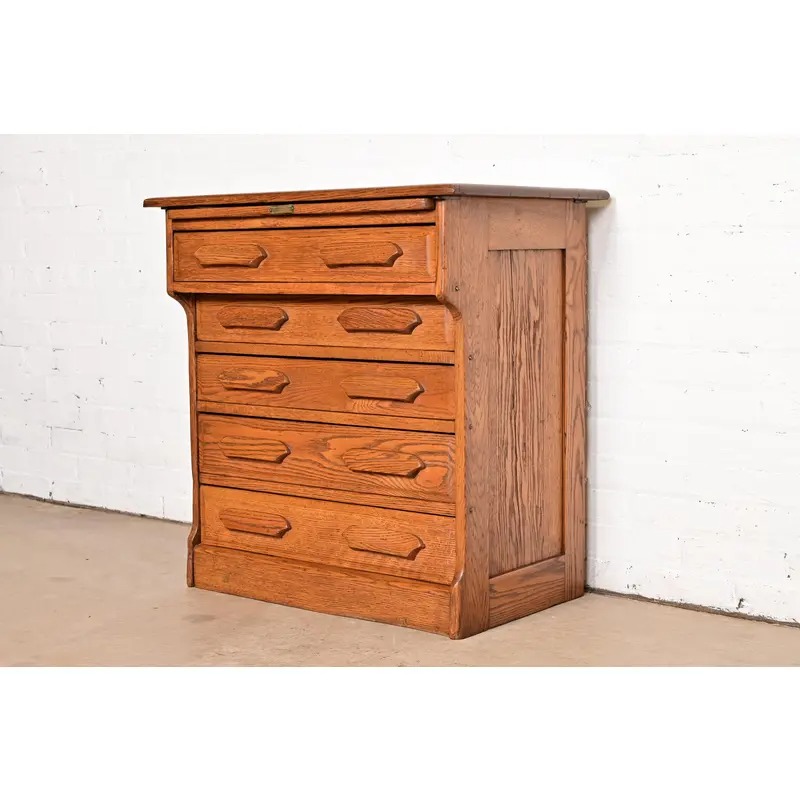 Antique Arts & Crafts Carved Oak Five-Drawer Flat File or Chest of Drawers, Circa 1900