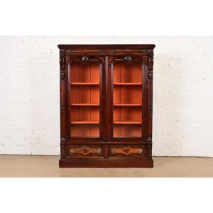 Herter Brothers Style Antique Eastlake Victorian Carved Mahogany and Burl Wood Bookcase Cabinet, Circa 1880s