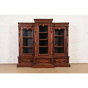 Herter Brothers Style Antique Eastlake Victorian Carved Walnut and Burl Wood Triple Bookcase Cabinet, Circa 1880s