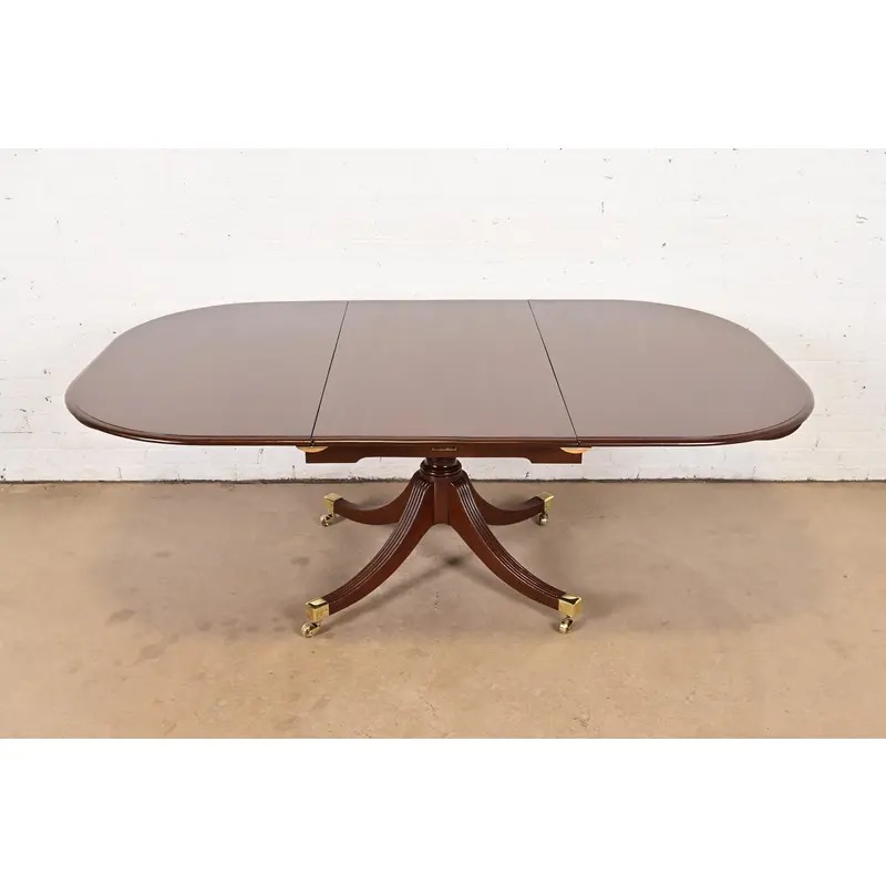 Reeder of London Antique English Regency Carved Mahogany Pedestal Extension Dining Table, Newly Restored