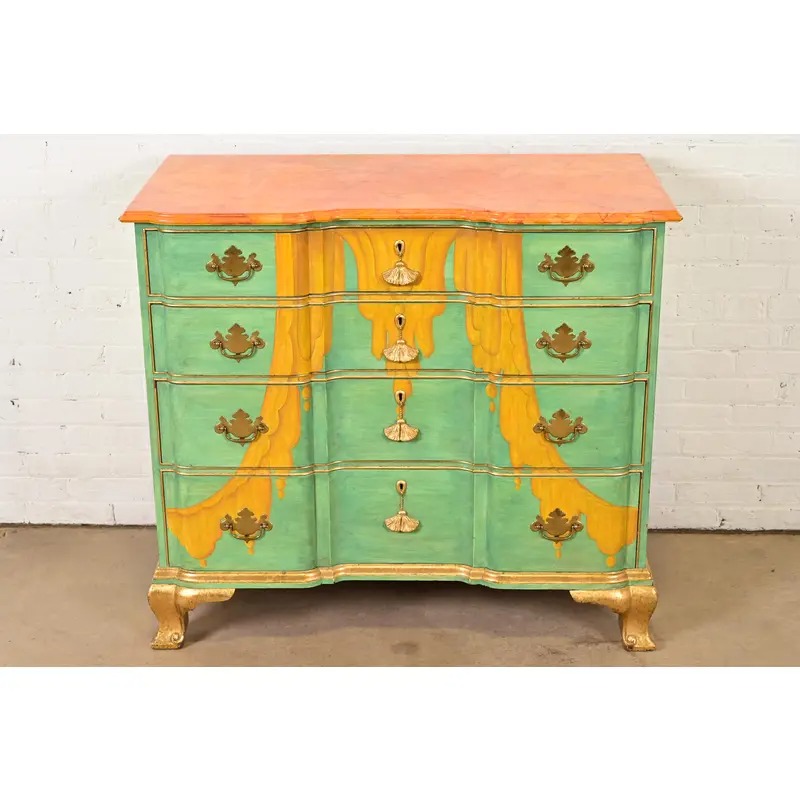 1980s Kindel Furniture Georgian Hand-Painted Block Front Chest of Drawers