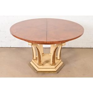 Mastercraft Italian Neoclassical Walnut and Burl Wood Parcel Gilt Pedestal Extension Dining Table