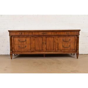 French Regency Louis XVI Carved Walnut Long Dresser or Credenza by Metz, 1960s