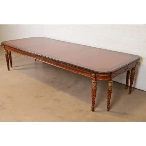 Henredon Grand Provenance Italian Neoclassical Inlaid Cherry and Burl Wood Parcel Gilt Extension Dining Table