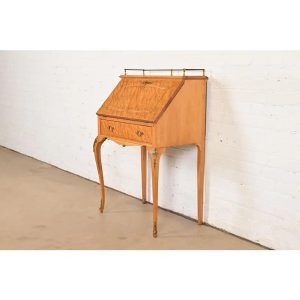 Baker Furniture Style Antique French Provincial Louis XV Birdseye Maple Drop Front Secretary Desk With Mounted Brass Ormolu, Circa 1890s