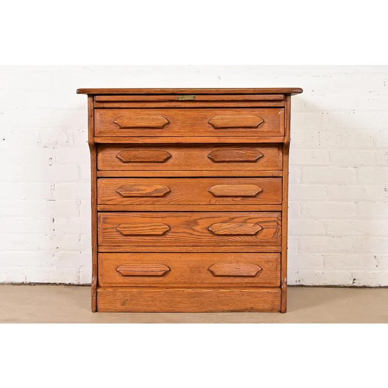 Antique Arts & Crafts Carved Oak Five-Drawer Flat File or Chest of Drawers, Circa 1900 - Image 2