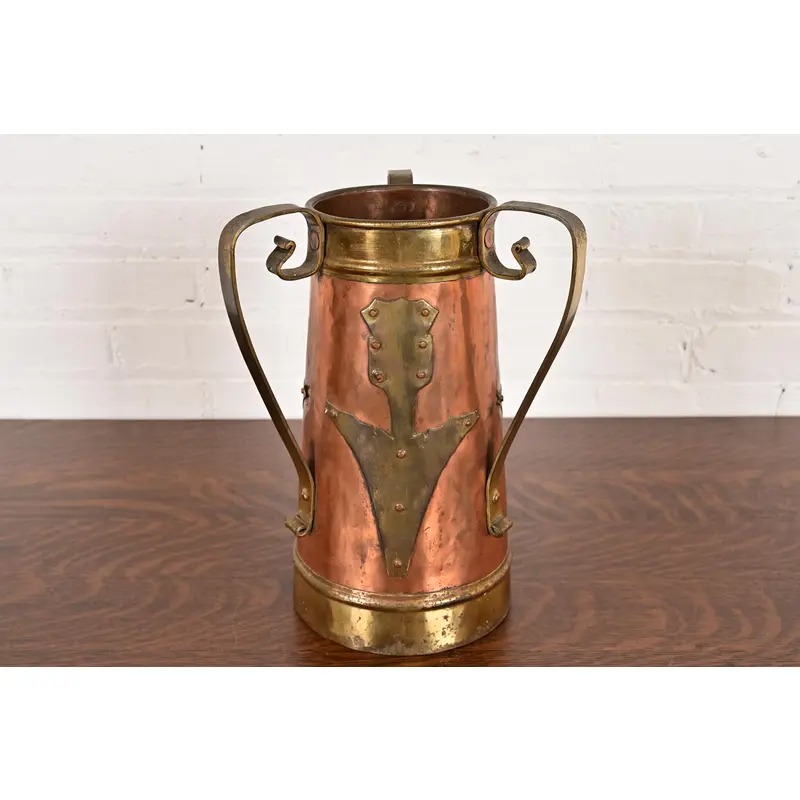 Antique Stickley Brothers Arts & Crafts Three-Handled Large Copper and Brass Vase - Image 2