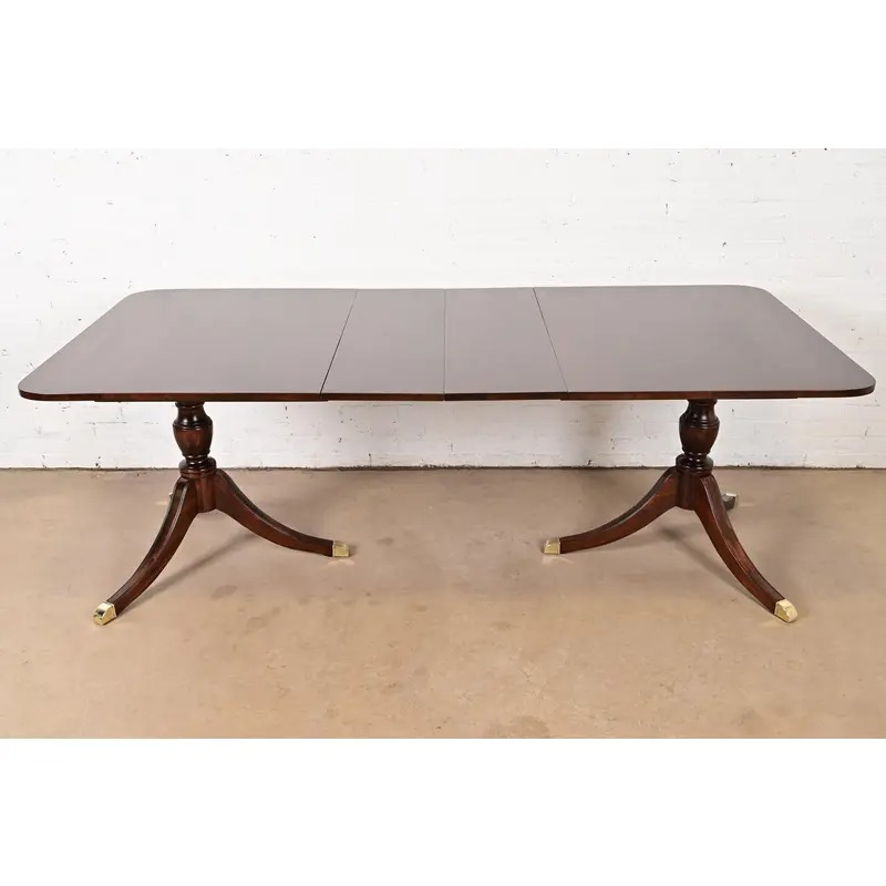 Baker Furniture Style Georgian Mahogany Double Pedestal Extension Dining Table, Newly Refinished - Image 2