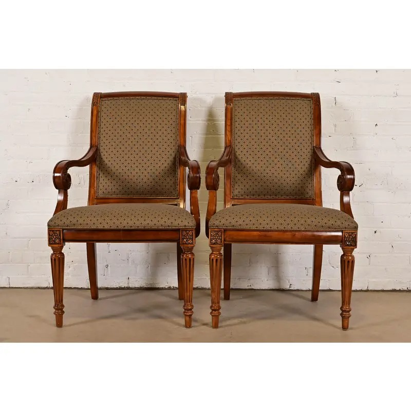Ethan Allen French Regency Louis XVI Carved Cherry Wood Upholstered Armchairs, Pair - Image 2