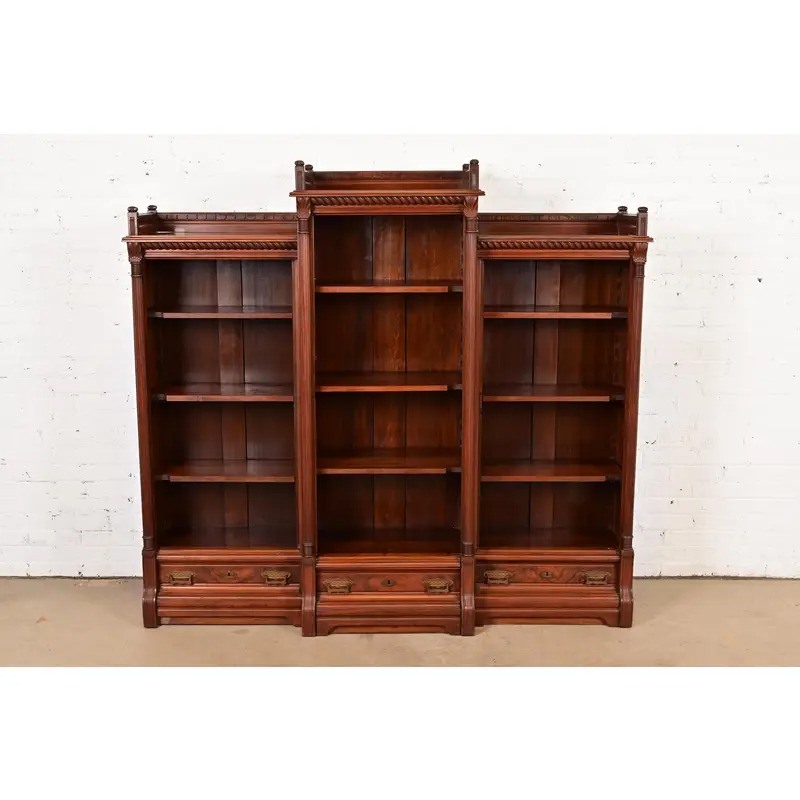 Herter Brothers Style Antique Eastlake Victorian Carved Walnut and Burl Wood Triple Bookcase, Circa 1880s - Image 2