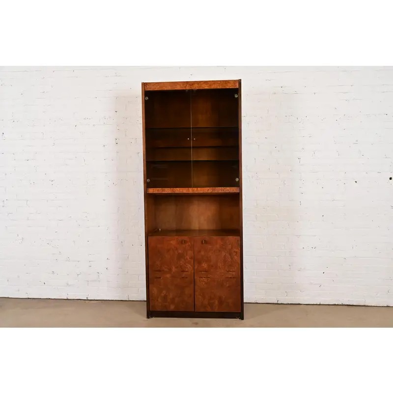 Jack Cartwright for Founders Burl Wood Lighted Bookcase or Bar Cabinet, Circa 1970s - Image 2