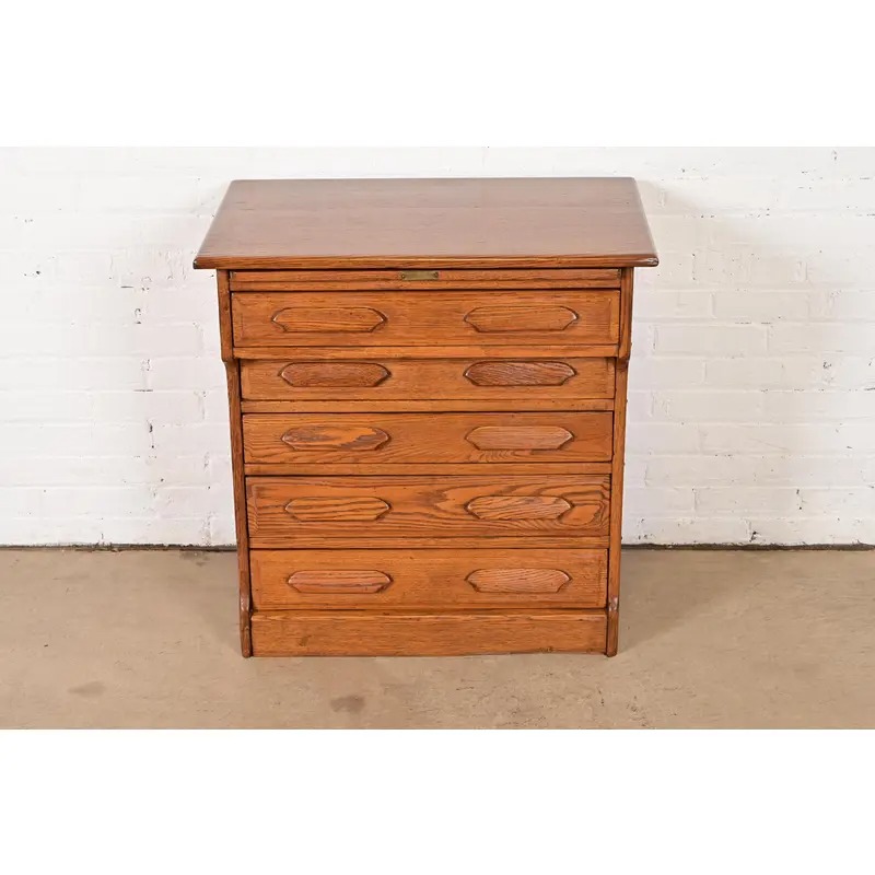 Antique Arts & Crafts Carved Oak Five-Drawer Flat File or Chest of Drawers, Circa 1900 - Image 3