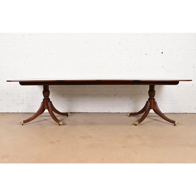 Baker Furniture Historic Charleston Georgian Banded Mahogany Double Pedestal Extension Dining Table, Newly Refinished - Image 3