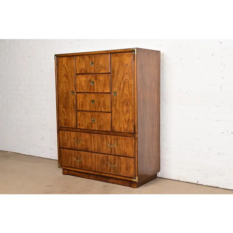 Drexel Heritage Hollywood Regency Campaign Walnut Gentleman's Chest or Armoire Dresser - Image 3