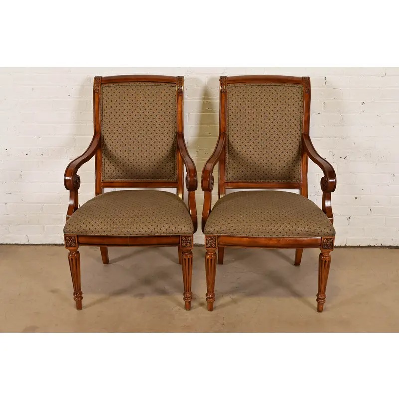 Ethan Allen French Regency Louis XVI Carved Cherry Wood Upholstered Armchairs, Pair - Image 3