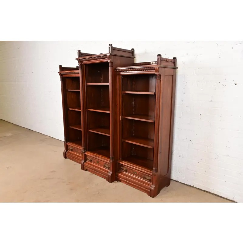 Herter Brothers Style Antique Eastlake Victorian Carved Walnut and Burl Wood Triple Bookcase, Circa 1880s - Image 3