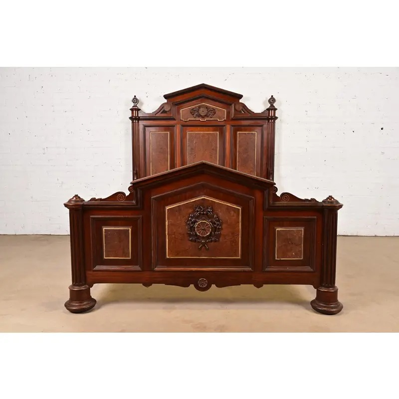 Herter Brothers Style Antique Victorian Carved Walnut and Burl Wood Full Size Bed, Circa 1880s - Image 3