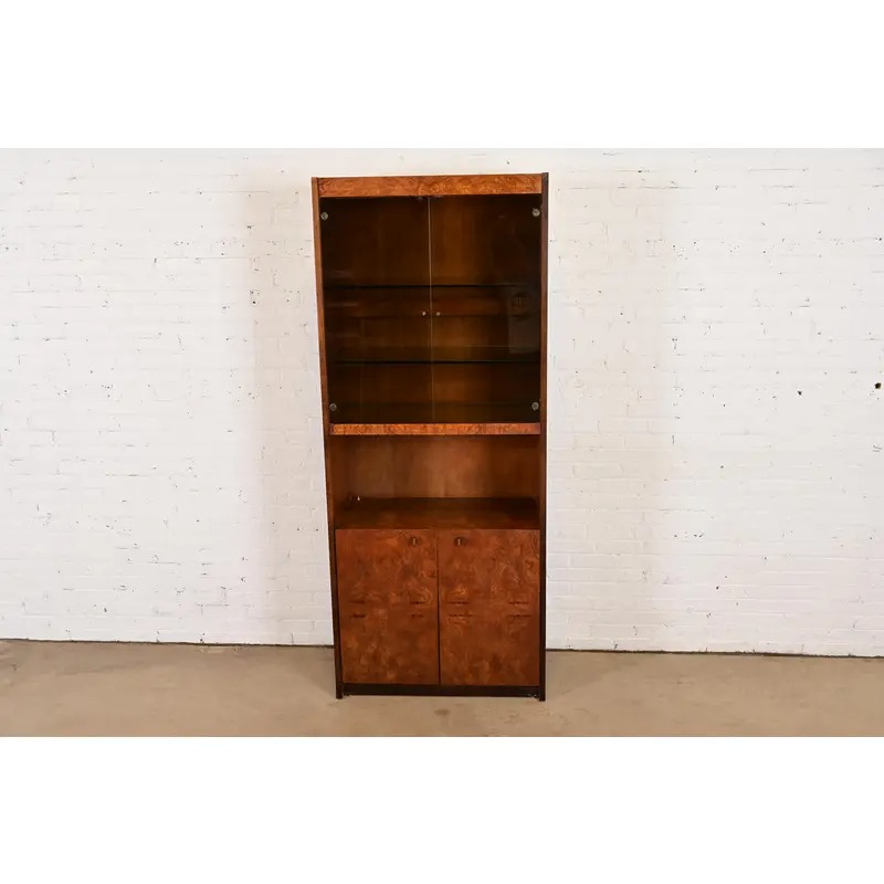 Jack Cartwright for Founders Burl Wood Lighted Bookcase or Bar Cabinet, Circa 1970s - Image 3