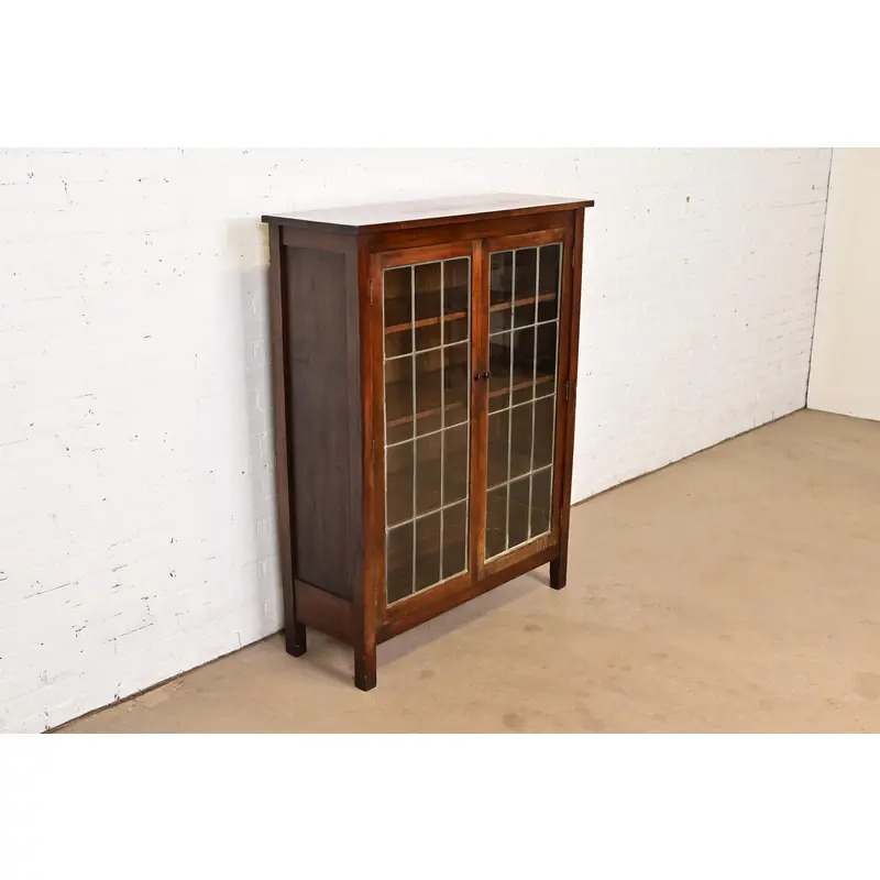 Limbert Style Mission Arts & Crafts Mahogany Leaded Glass Front Double Bookcase Cabinet, Circa 1900 - Image 3