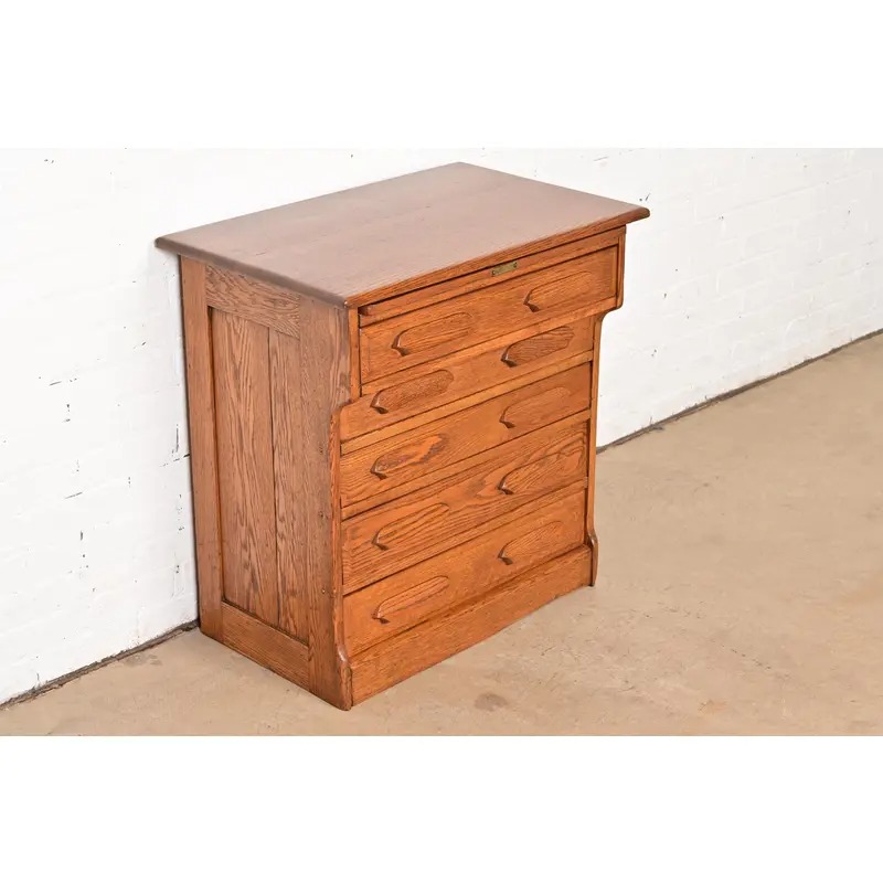 Antique Arts & Crafts Carved Oak Five-Drawer Flat File or Chest of Drawers, Circa 1900 - Image 4