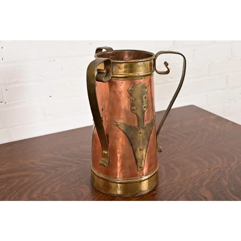 Antique Stickley Brothers Arts & Crafts Three-Handled Large Copper and Brass Vase - Image 4