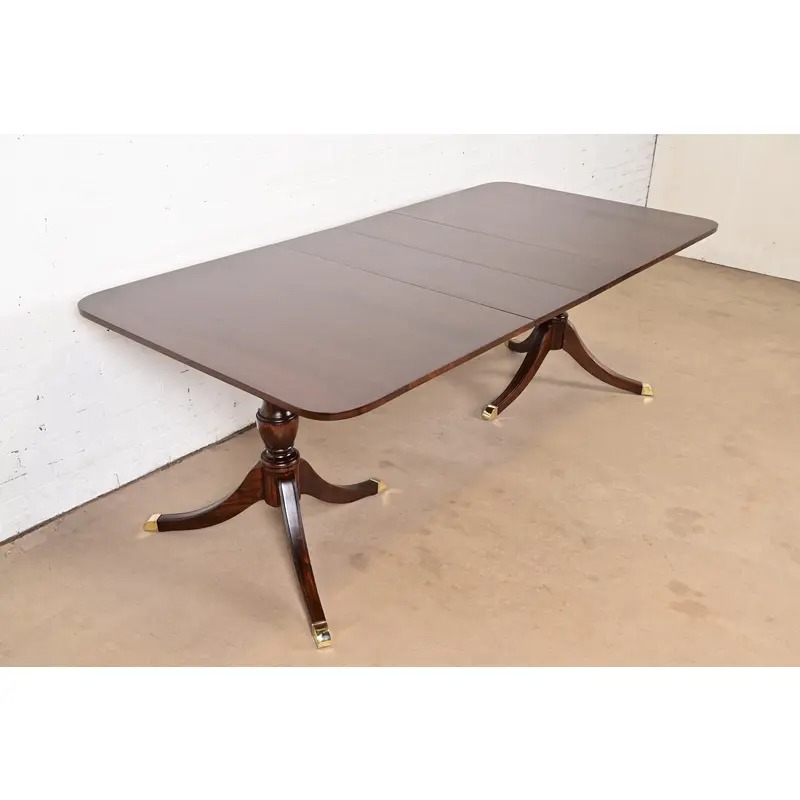 Baker Furniture Style Georgian Mahogany Double Pedestal Extension Dining Table, Newly Refinished - Image 4
