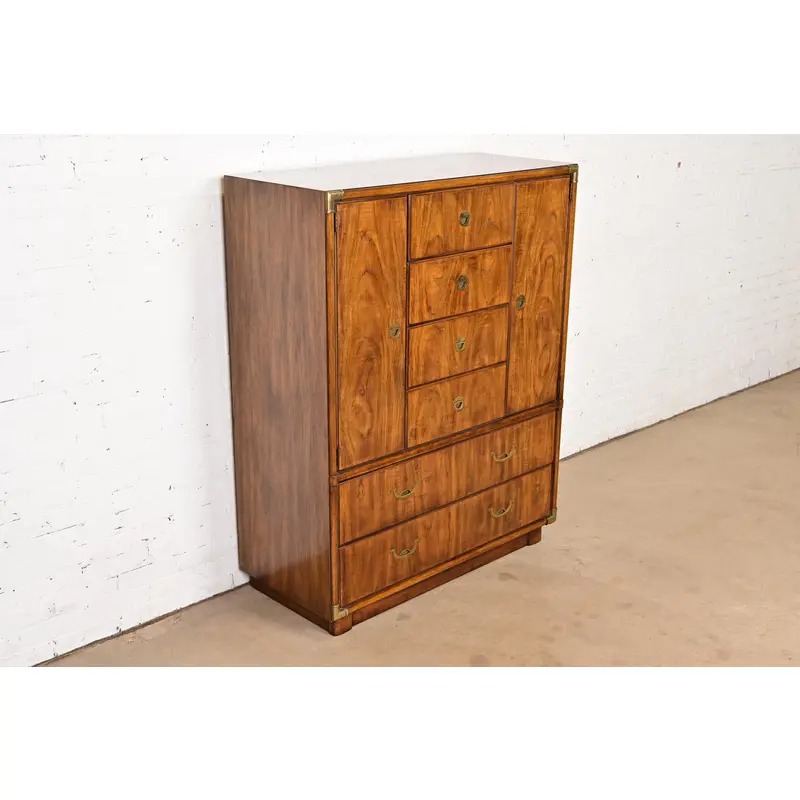 Drexel Heritage Hollywood Regency Campaign Walnut Gentleman's Chest or Armoire Dresser - Image 4