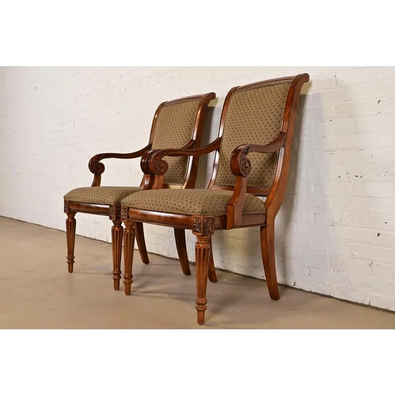 Ethan Allen French Regency Louis XVI Carved Cherry Wood Upholstered Armchairs, Pair - Image 4