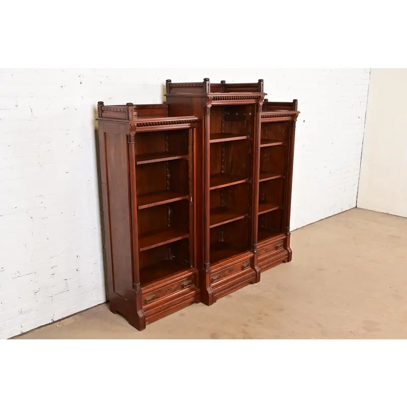 Herter Brothers Style Antique Eastlake Victorian Carved Walnut and Burl Wood Triple Bookcase, Circa 1880s - Image 4