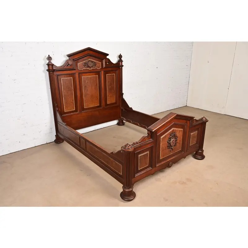 Herter Brothers Style Antique Victorian Carved Walnut and Burl Wood Full Size Bed, Circa 1880s - Image 4