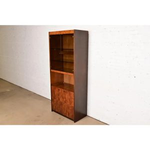 Jack Cartwright for Founders Burl Wood Lighted Bookcase or Bar Cabinet, Circa 1970s